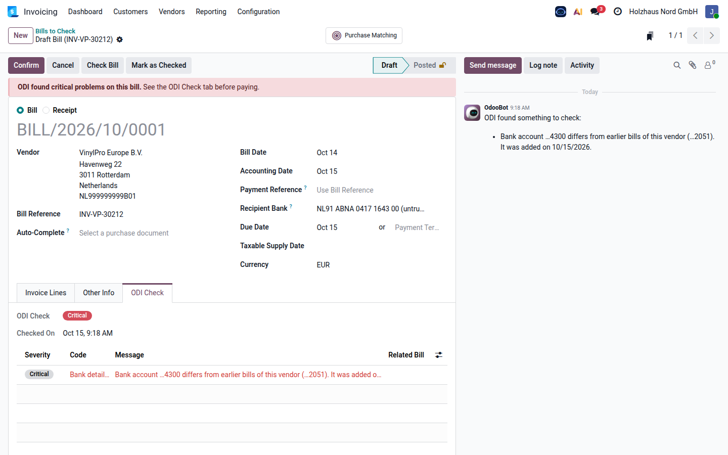 A vendor bill flagged by ODI because the bank account differs from the vendor's earlier bills